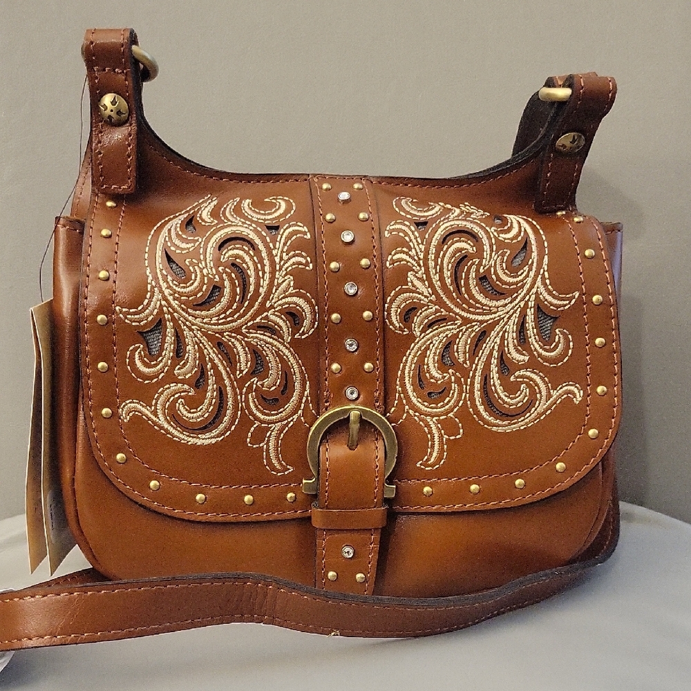 Patricia Nash Brown Crossbody Bag with Embroidered Design